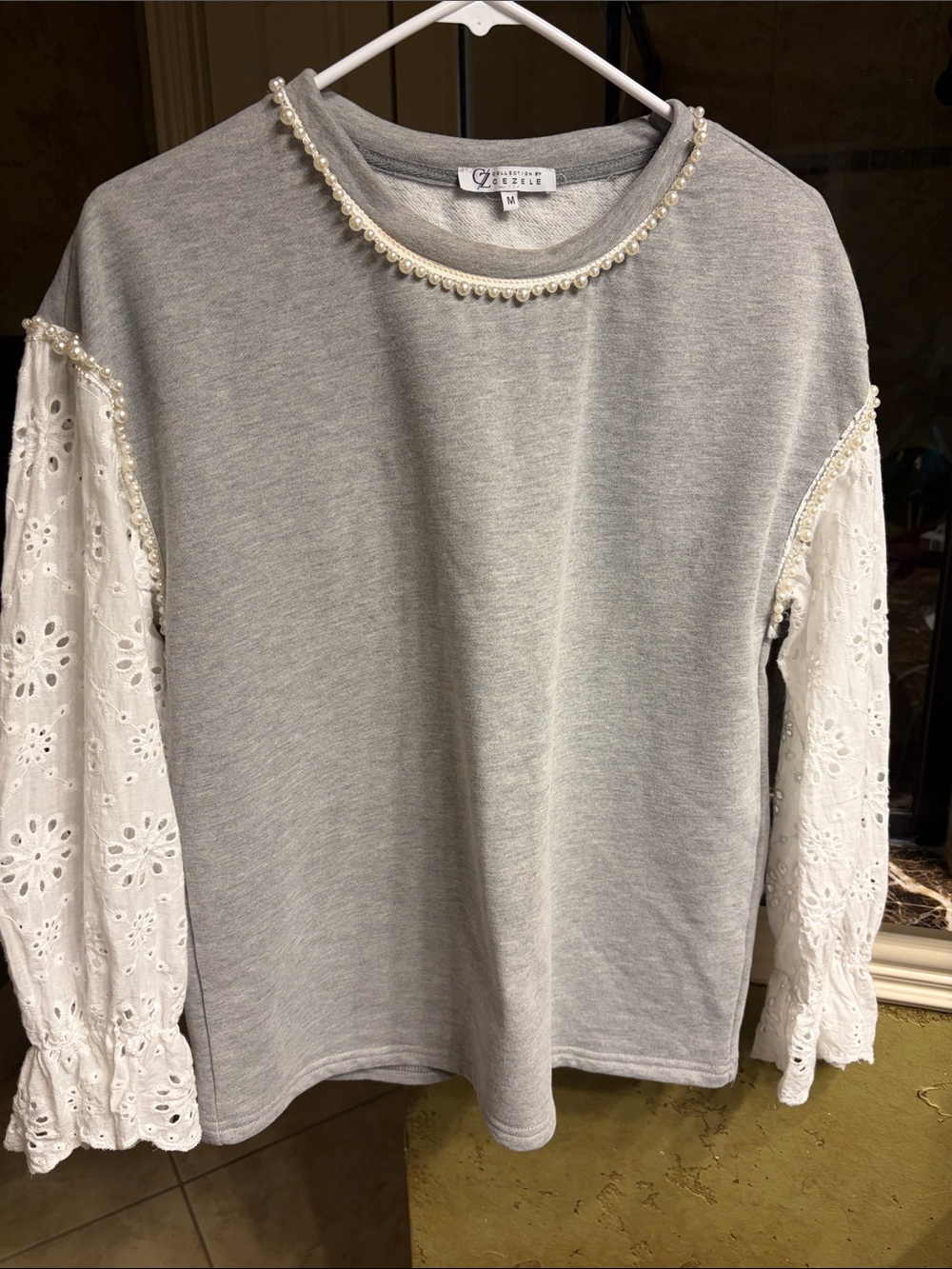Cezele Gray Sweatshirt with White Eyelet Lace Sleeves and Pearl Trim